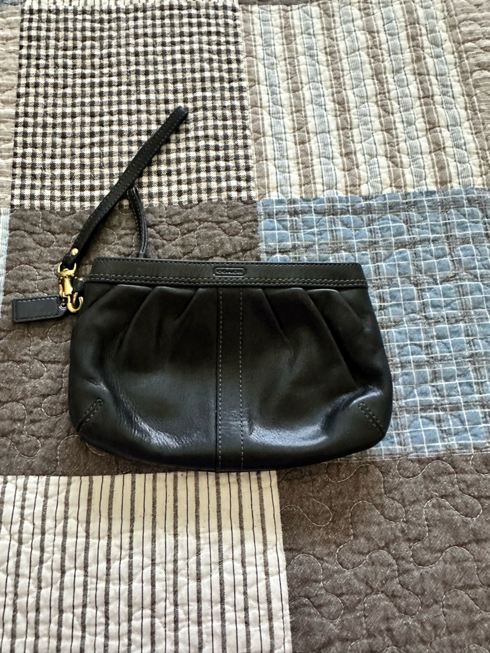 Coach Black Leather Pleated Wristlet with Gold Hardware